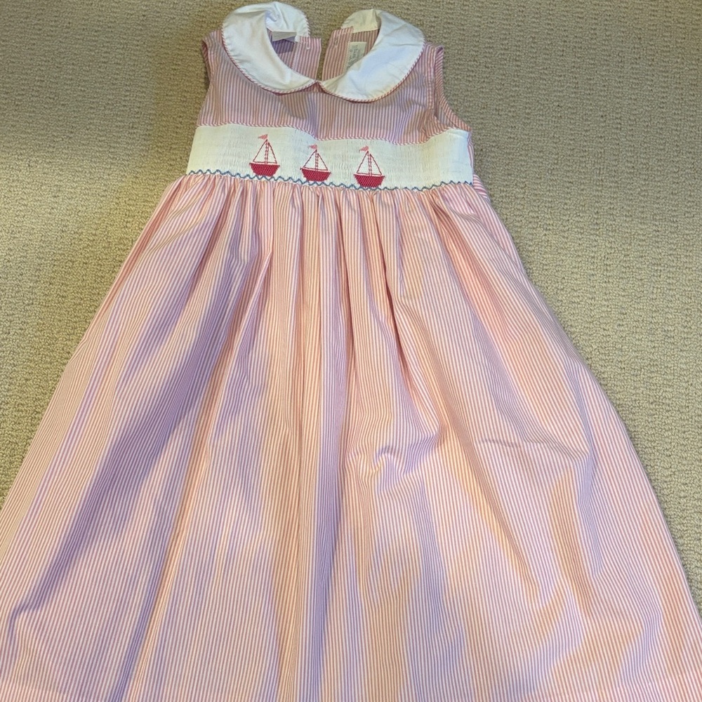 Pink and White Girls Smocked Dress with Sailboat Design